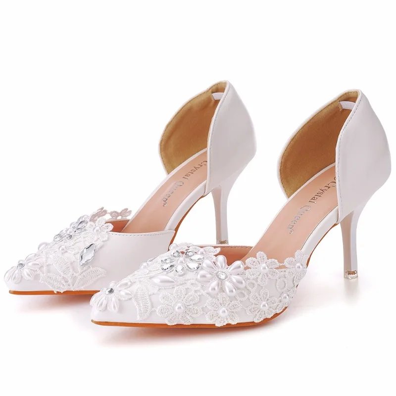 

New Summer Sexy 7CM Lace Rhinestone Pointed Toe High Heels Sandals Dinner Party Bridal Wedding Dress Shoes Women Plus Size 43