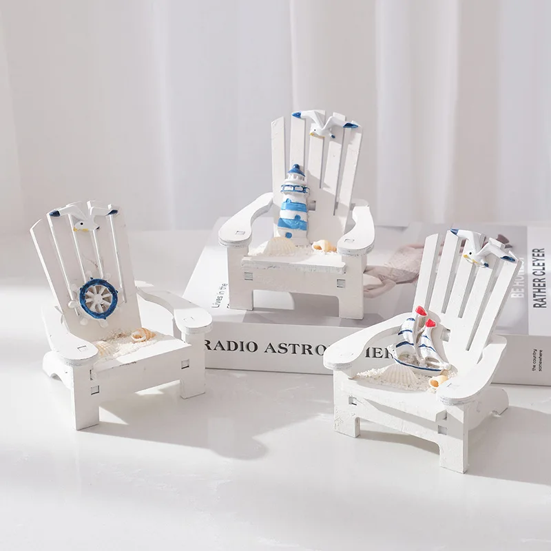 Figuras de sillas de playa de madera de estilo mediterráneo, mini modelo de silla azul para muebles de jardín, decoraciones temáticas de playa para casa de muñecas