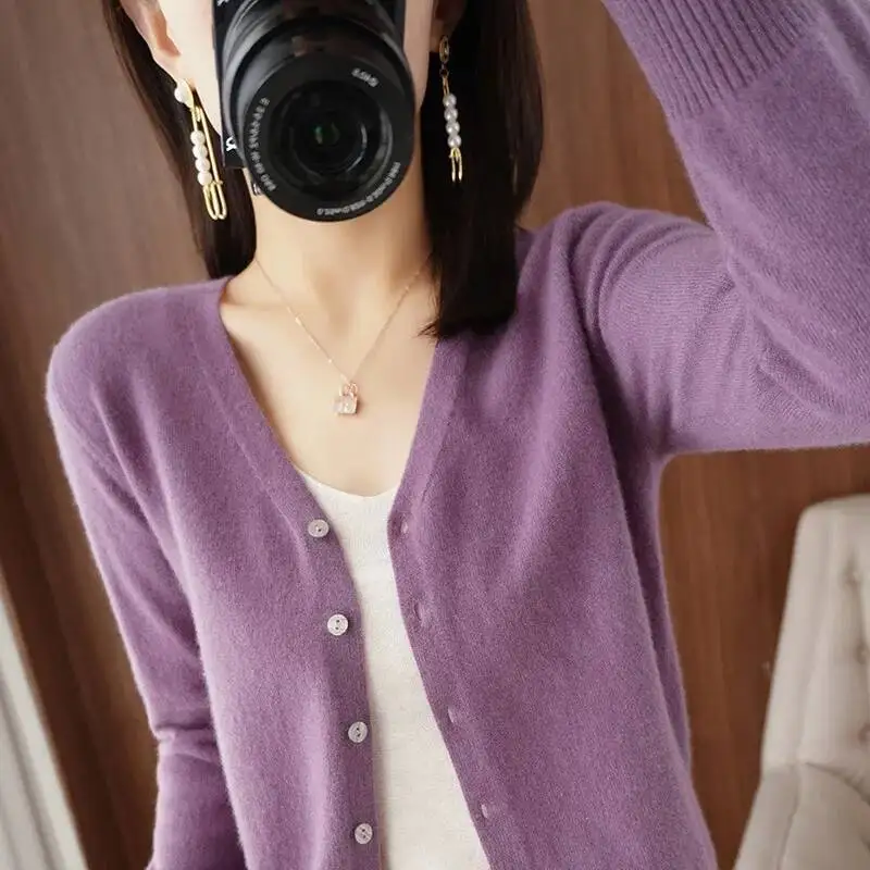 

Single Breasted V Neck Fashion For Woman Spring Autumn Thin Solid Color Knitted Sweater Coat Korean Chic Loose Cardigan