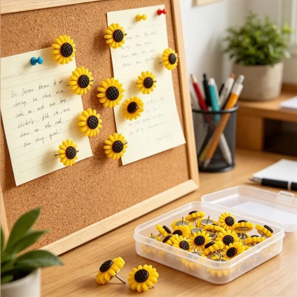 Plastic Sunflower Thumbtacks for Bulletin Board Styling Office Home Decor Craft Projects Resin Push Pins Set of 30 or 50