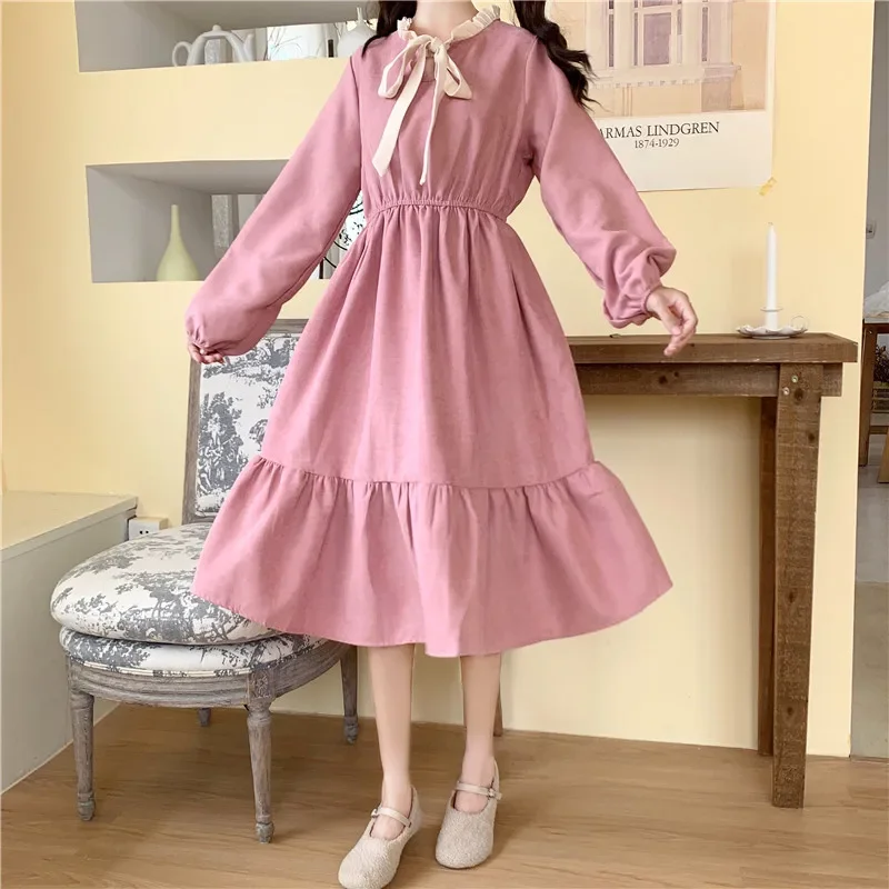 

Autumn Winter Women Dress Sweet Girl Japan Style Cute Vintage High Waist Ruffles Lace-up Dress Female Bing 2023 HOT