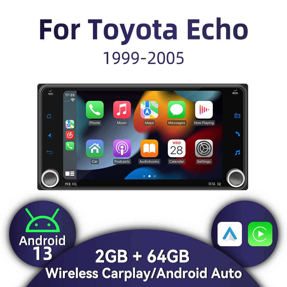 2Din Android Radio for Toyota Echo 1999-2005 7" Screen Wireless Carplay Car Multimedia GPS Navigation Head Unit Stereo Autoradio