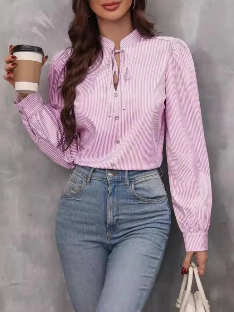 

2025 Women's Spring Summer New Sexy V-neck Fashion Lace Up Hollow Button Striped Casual Long Sleeved Shirt