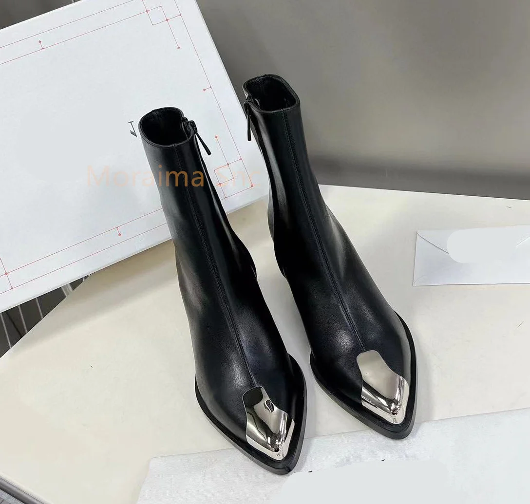 

Black Women's Boots Metal Pointed Toe Thick Square Heel Ankle Boots Female British Style Fashion Chelsea Short Boots Side Zipper