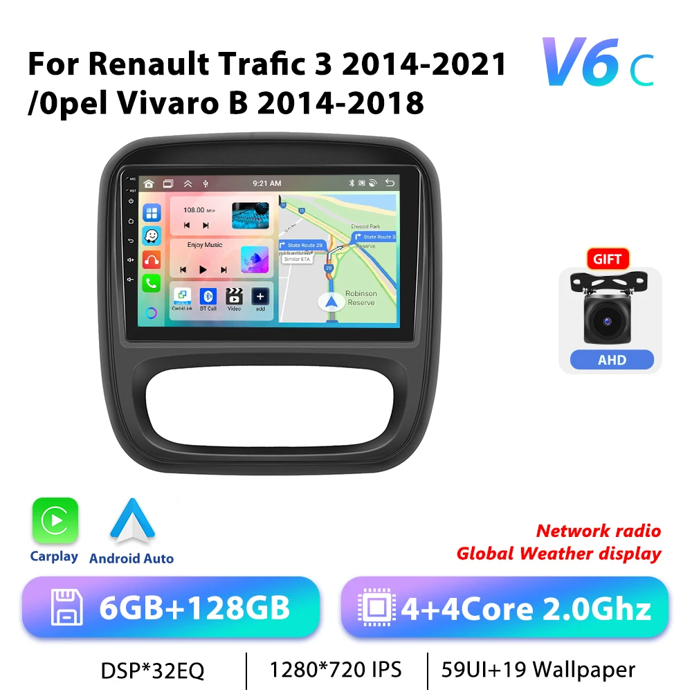 Podofo 9 "Autoradio Draadloze CarPlay Android Radio Voor Renault TRAFIC/Opel VIVARO 2014-2021 Multimedia GPS FM 4G WIFI Autoradio
