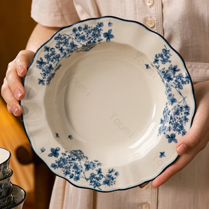

Retro Chinese Style Dining Plates Luxury Restaurant Ceramic Deep Soup Plate Delicious Dishes Flat Plate Exquisite Home Tableware