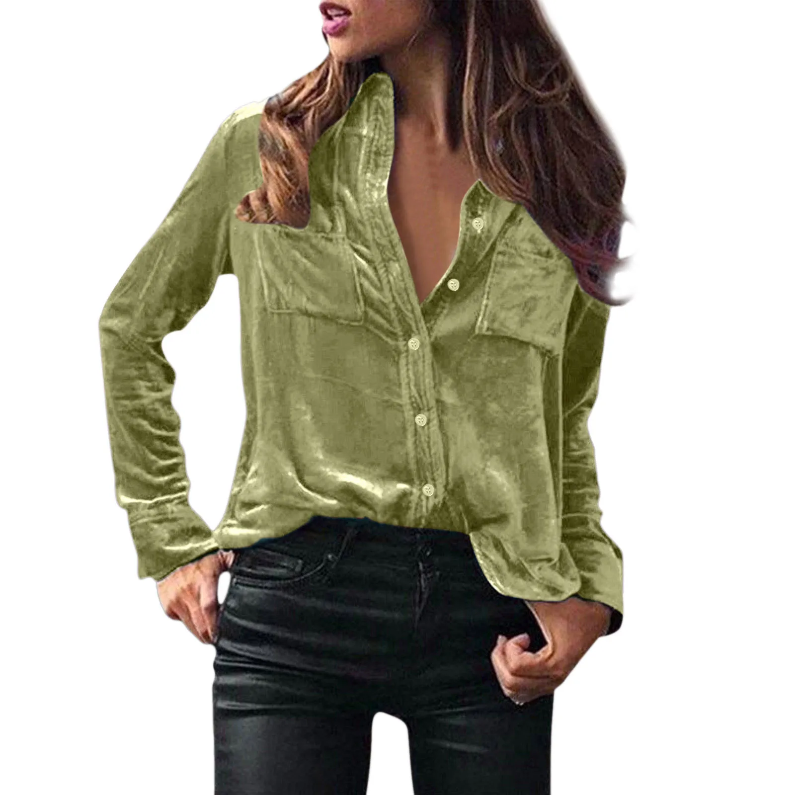 Velvet Shirt For Women\'S Winter Top Velour Shirts Elegant Fashion Long Sleeve Button Solid Top Casual Warm Lapel Femme Blusas