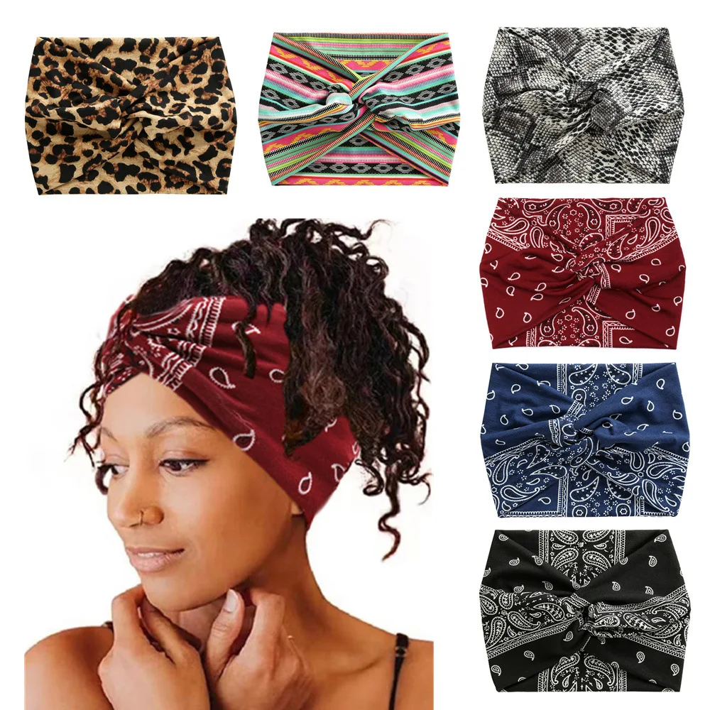 

European and American 18CM wide headband Bohemian headscarf headband large headband knotted hair accessories printed cross sp