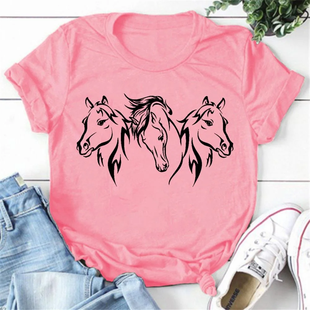 Cute Horse Head Print T-shirts For Women Summer Lovely Short Sleeve Casual T-shirts Funny Ladies Round Neck Tops