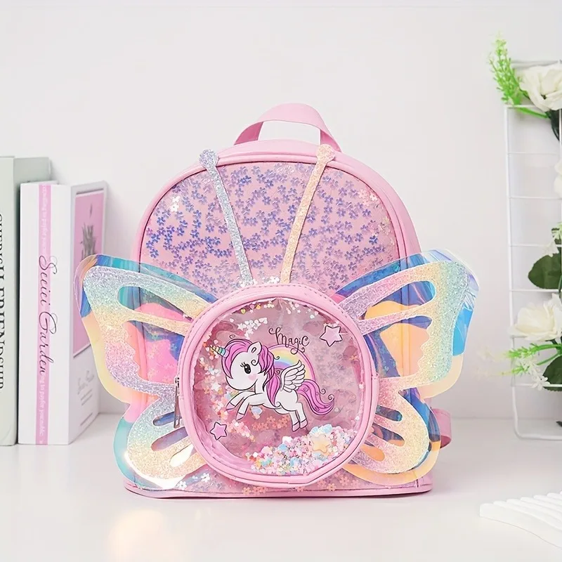 Toddlers Backpack Cartoon Unicorn Schoolbag Sequin Transparent Butterfly Wings Bookbag for Girl Kids Waterproof School Bag 2024