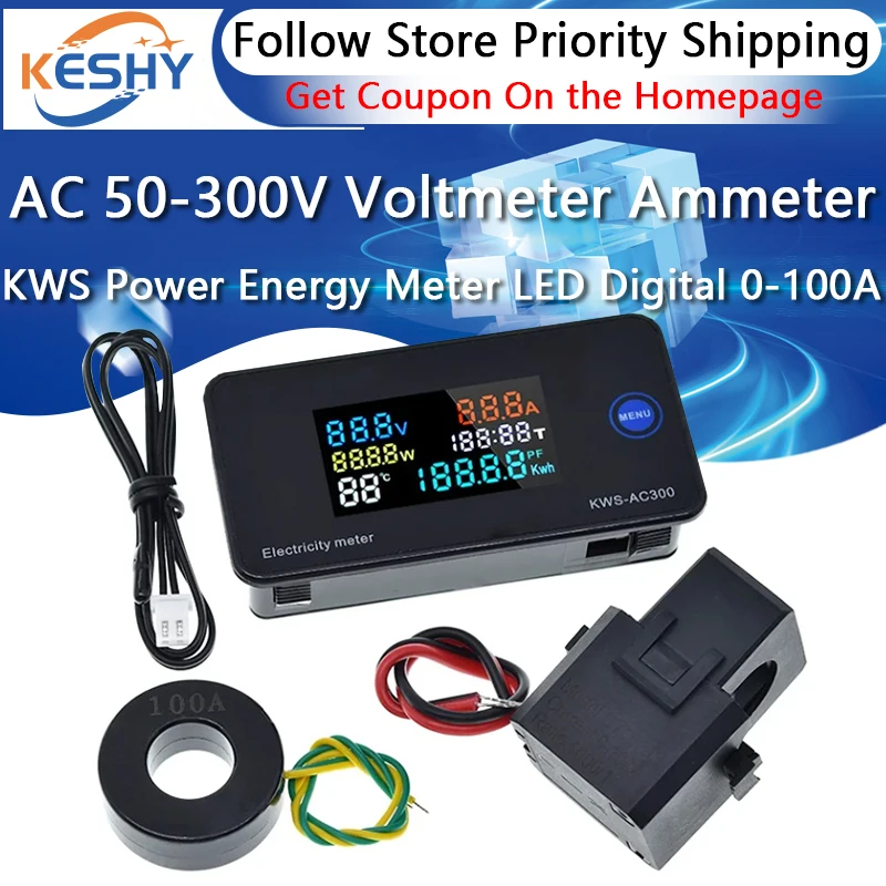 AC 50-300V Voltmeter Ammeter KWS Power Energy Meter LED Digital AC Wattmeter Electric Meter with Reset Function 0-100A