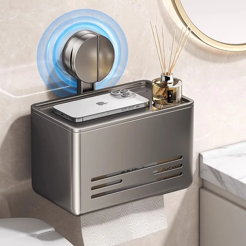 Suction Cup Wall Mount Toilet Paper Holder Dispenser Storage Box for Bathroom Kitchen, No Drill Tissue Organizer