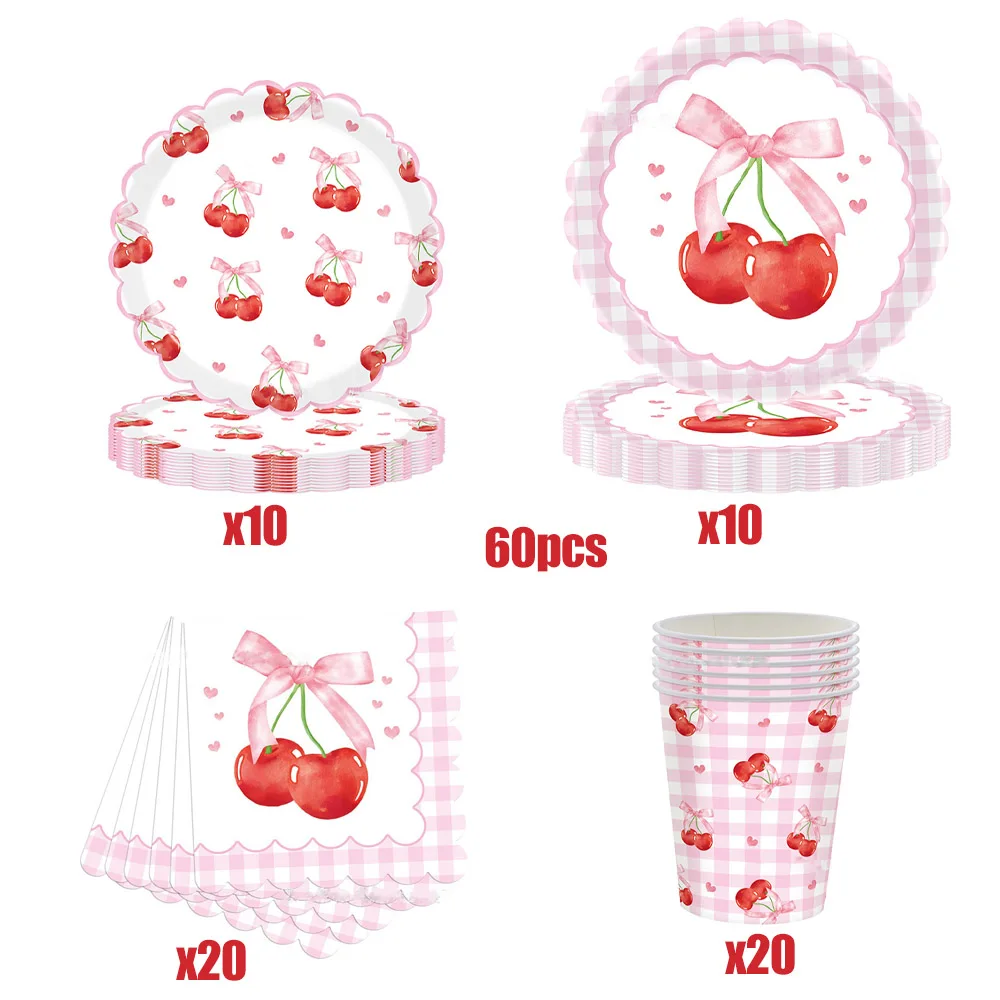 Cherry Cumpleaños Decoración Dulce Cereza Rosa Lazo Fiesta Vajilla Desechable Platos De Papel Vasos Servilletas A Cuadros Princesa Baby Shower Niña Feliz Cumpleaños Verano Fruta Fiestas Set