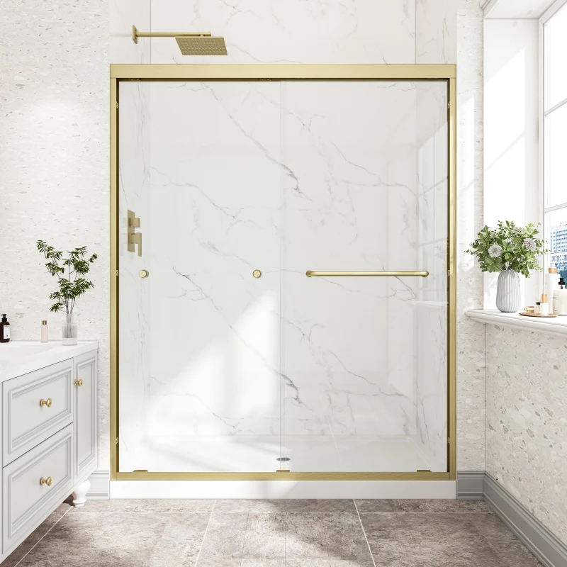 

55"-60" W x 72" H Brushed Gold Reversible Installation Double Bypass Sliding Shower Door,Aluminium Alloy Frame,1/4"(6MM) Temp