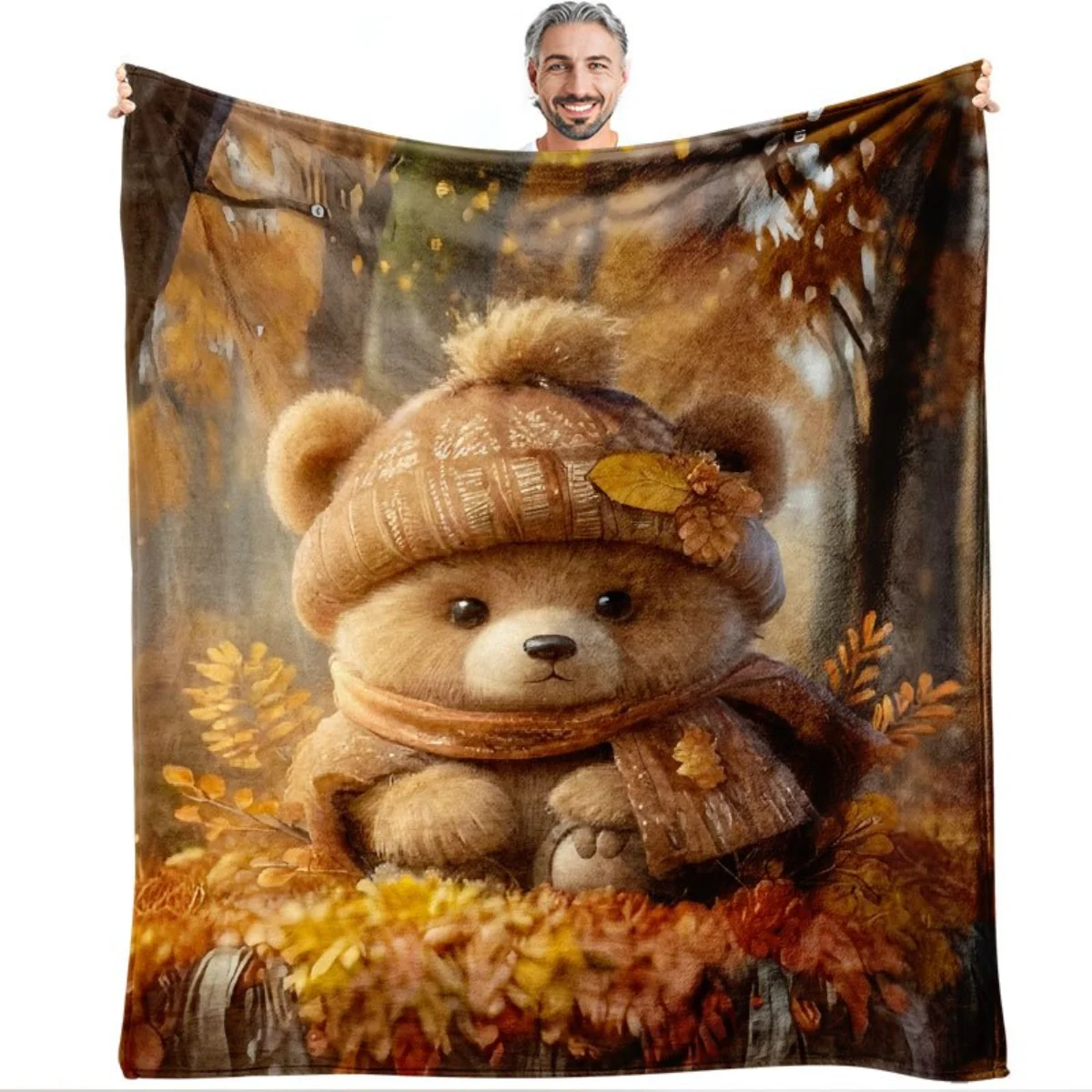 

1 Cute Bear and Maple Leaf Flannel Blanket—Soft and warm, perfect for home décor, bed, camping, or travel, Christmas.