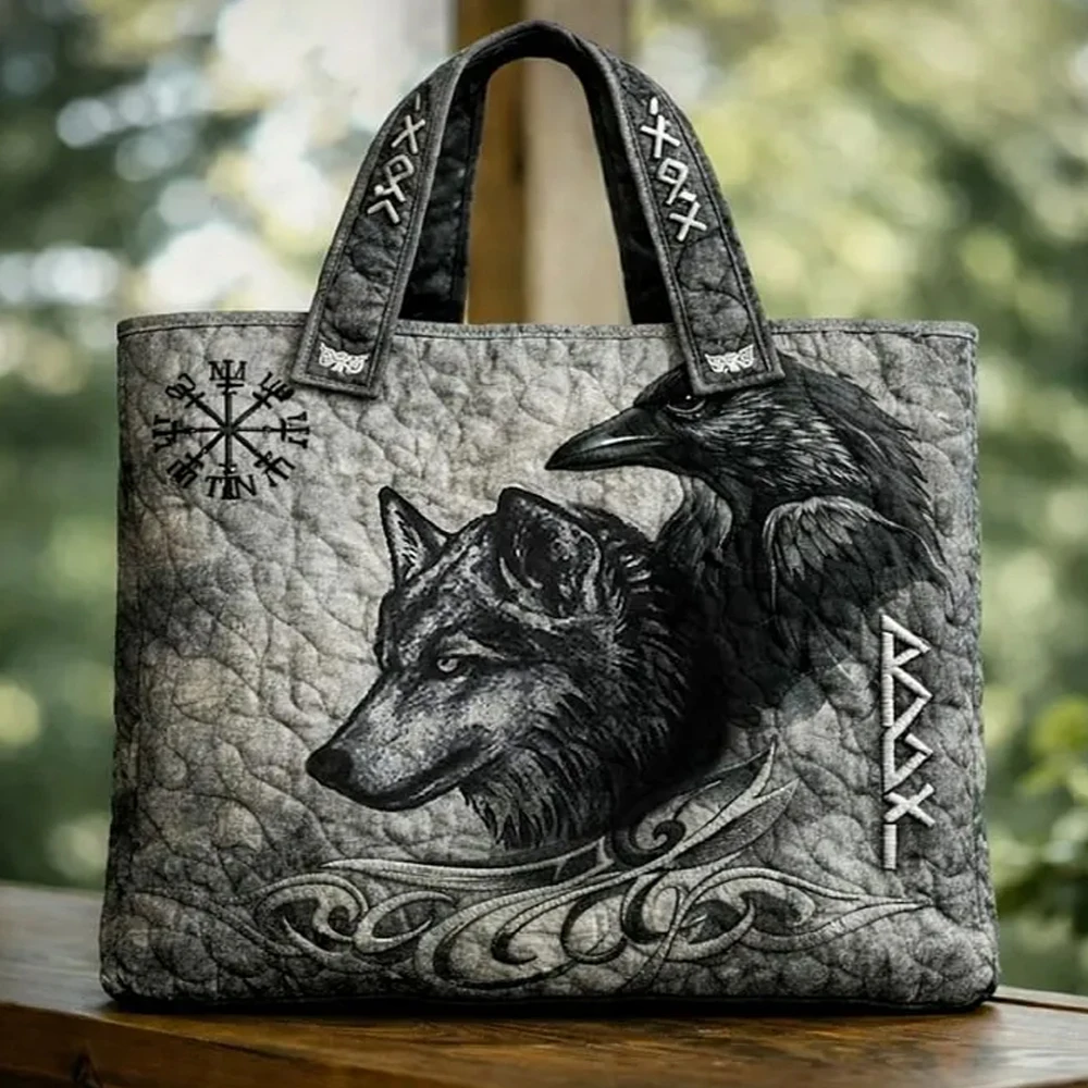 Norse Mythology Wolf Raven Quilted Tote Women Daily Shoulder Bag Vintage Patchwork Handbag For Shopping
