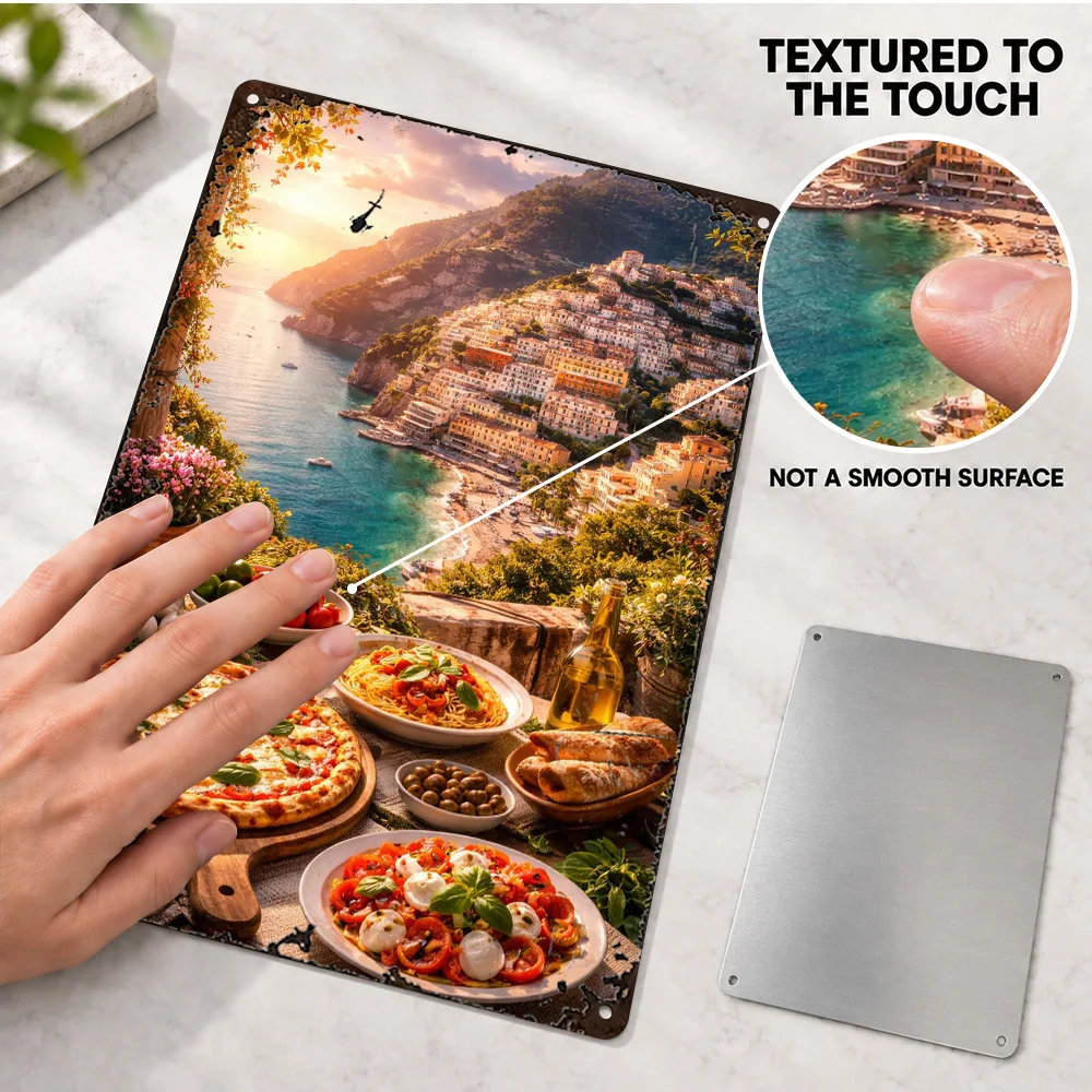 Italian Coastal Feast Printed Poster Bold Colorful Wall Art For Dining Room Customized Aluminum Metal Sign Restaurant Owner Gift