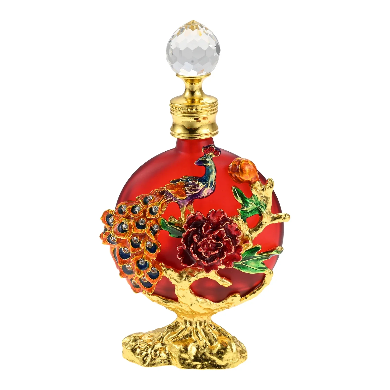 Mini Glass Bottle Decor Enamel Peacock Flower Gilt Base Crystal Lid 140mm/5.5In 30ml Empty Frosted Red Jar Perfume Essential Oil