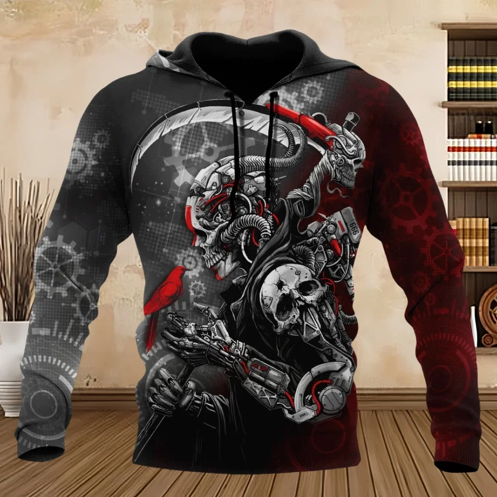 الرجال هوديي الجمجمة تصميم هوديس ثلاثية الأبعاد طباعة الرعب الجرافيك القمم الخريف Harajuku كم طويل الكنغر جيب هوديي للرجال الملابس