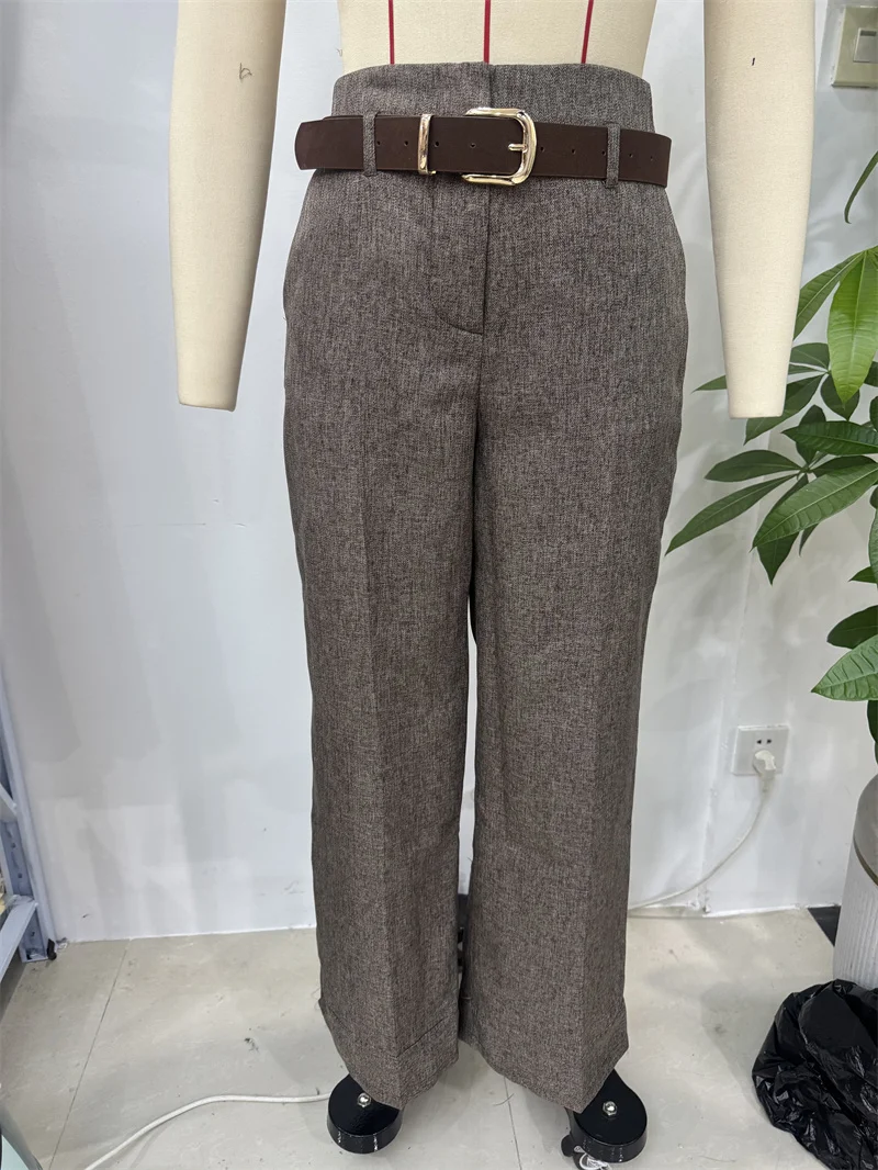 Pantalon femme 2025 automne nouveau Style couleur kaki avec ceinture rayure diagonale Design Simple mode décontractée adapté aux déplacements domicile-travail