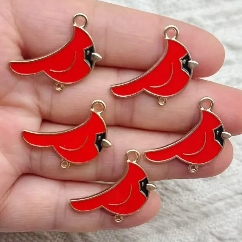 10pcs Christmas Red Bird Enamel Ornaments Zinc Alloy Animal Pendants DIY Jewelry Making Great for Earrings and Necklaces