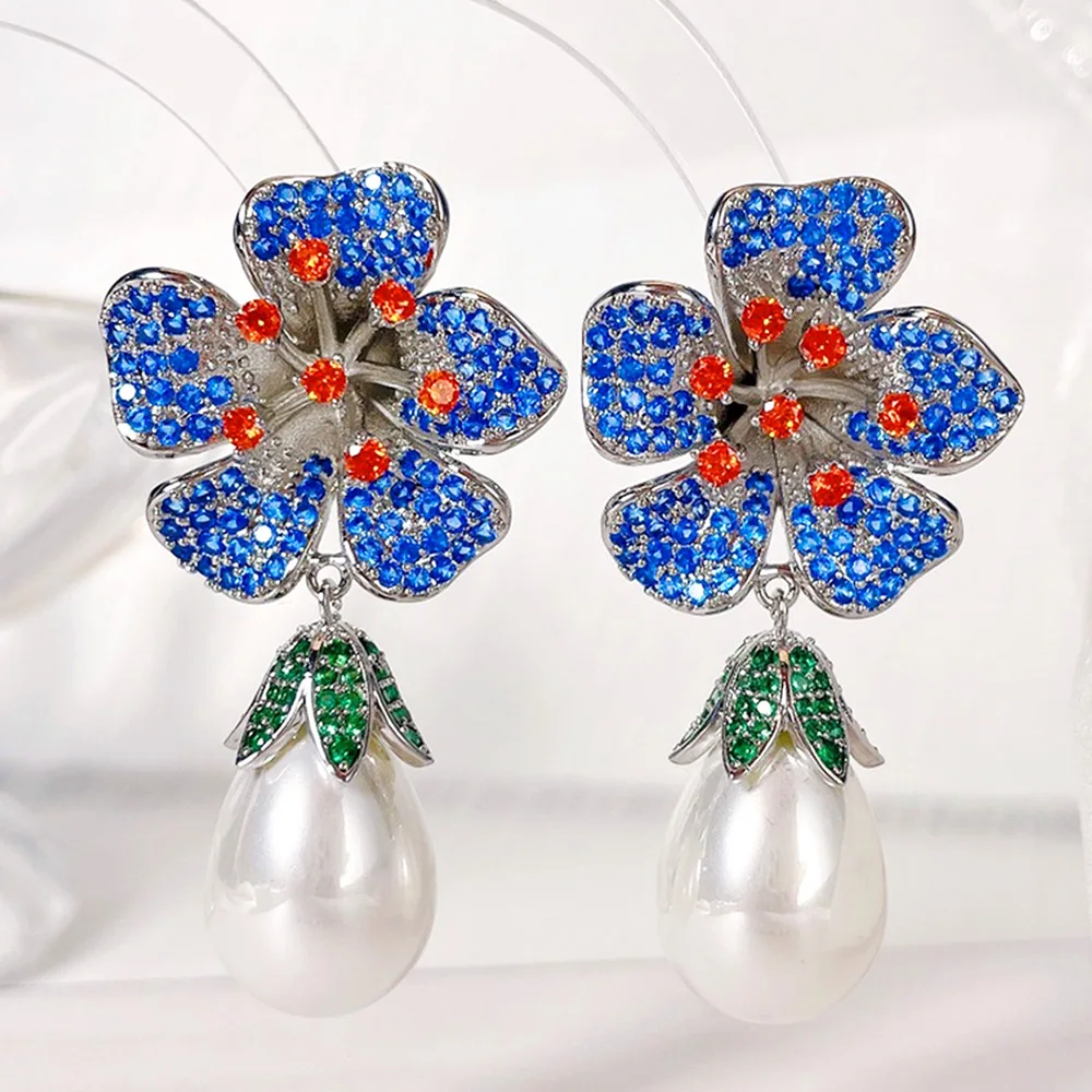 

Missvikki Luxury Flower Pearl Drop Earrings Trendy Cubic Zircon Indian Earrings for women Wedding Engagement Party JEWELRY GIFT