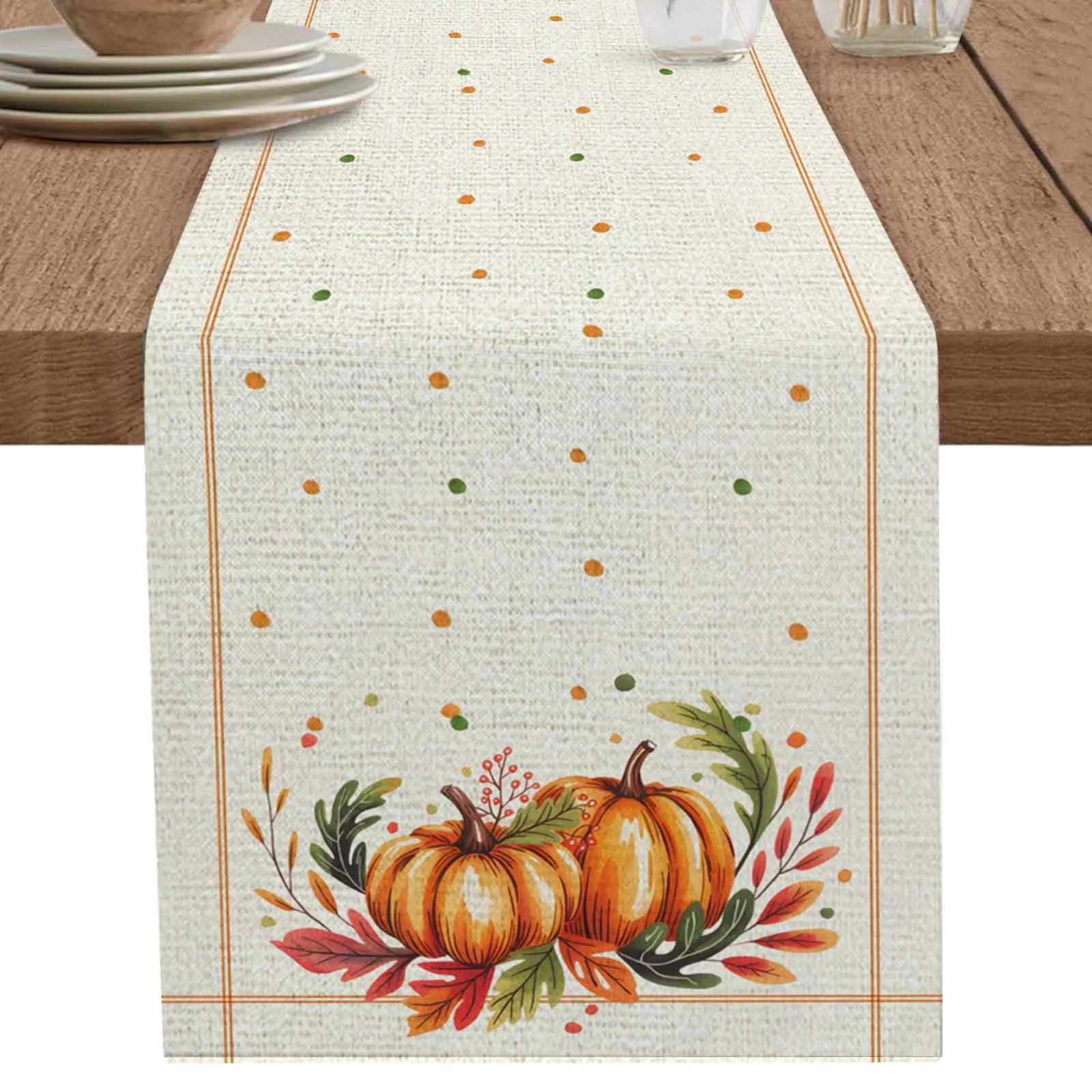 

Autumn Pumpkin Wreath Leaf Table Runner Party Polyester Table Cover for Home Dining Decoration