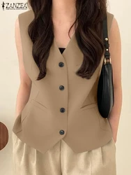 ZANZEA Women Tank Waistcoat Fashon Sleeveless Blazer Outwear Elegant Office V Neck Suit Vest 2024 Summer Khaki Tanks Oversized