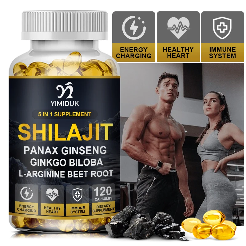 Shilajit cápsulas con hoja de Ginkgo Biloba, l-arginina y soporte de raíz de remolacha para producción de energía, concentración, salud del cerebro