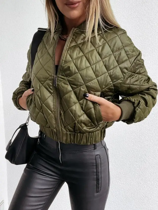 

Fashion Short Jacket For Women Autumn Winter New Style Round Neck Long Sleeve Zipper Plaid Slim Warm Solid Color Cotton Jacket