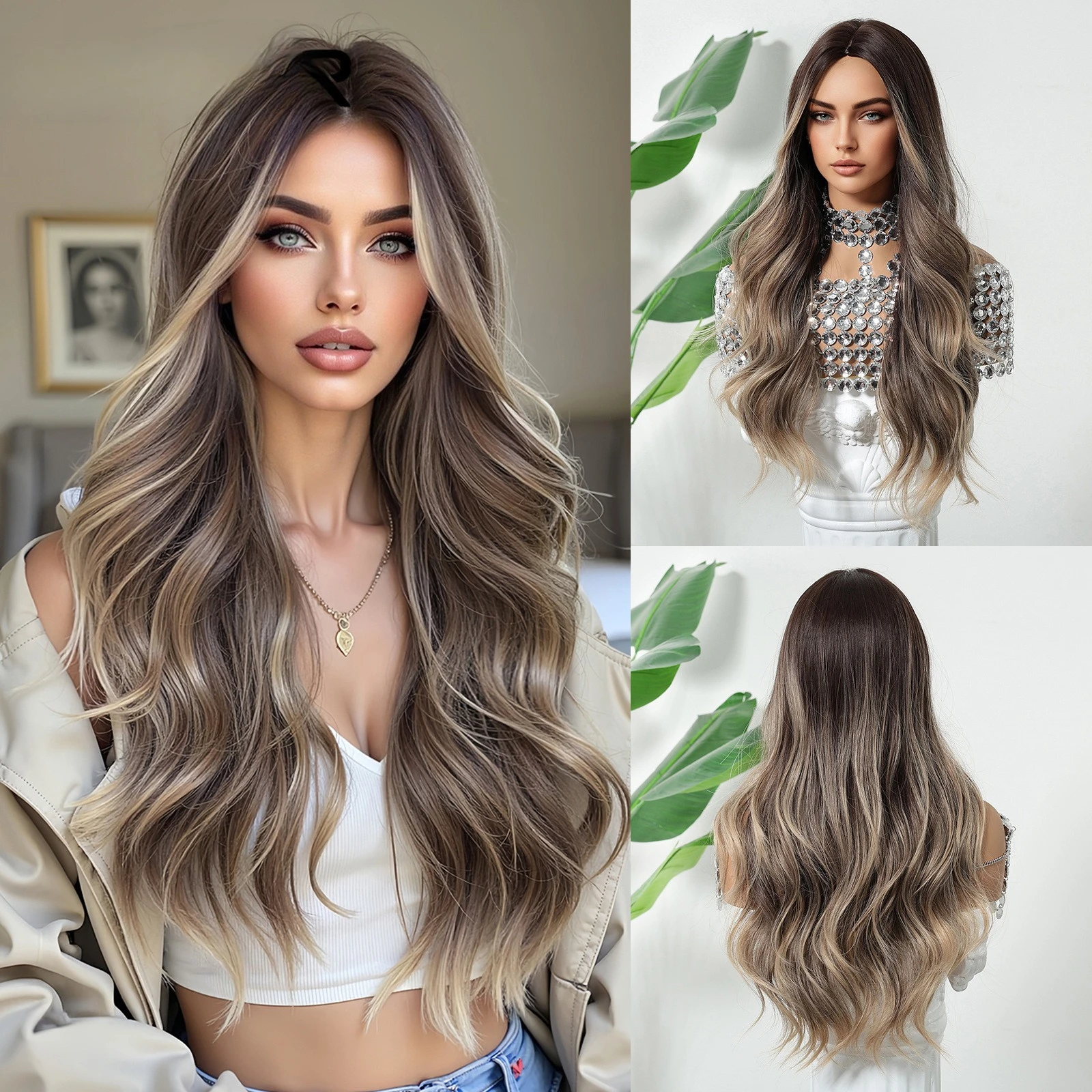 

European and American new wig women, medium gradual change brown long curly hair big wave full head wig