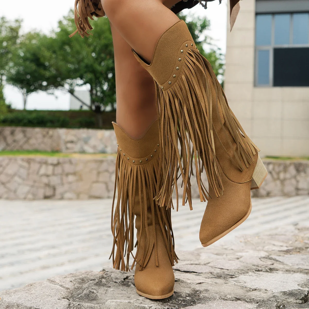 

2024 Women's Tassel Boots Chunky Heel Flat Retro Western Cowboy Mid-Length Boots Women's Suede Boots Mid-Tube Zipper Zapatos