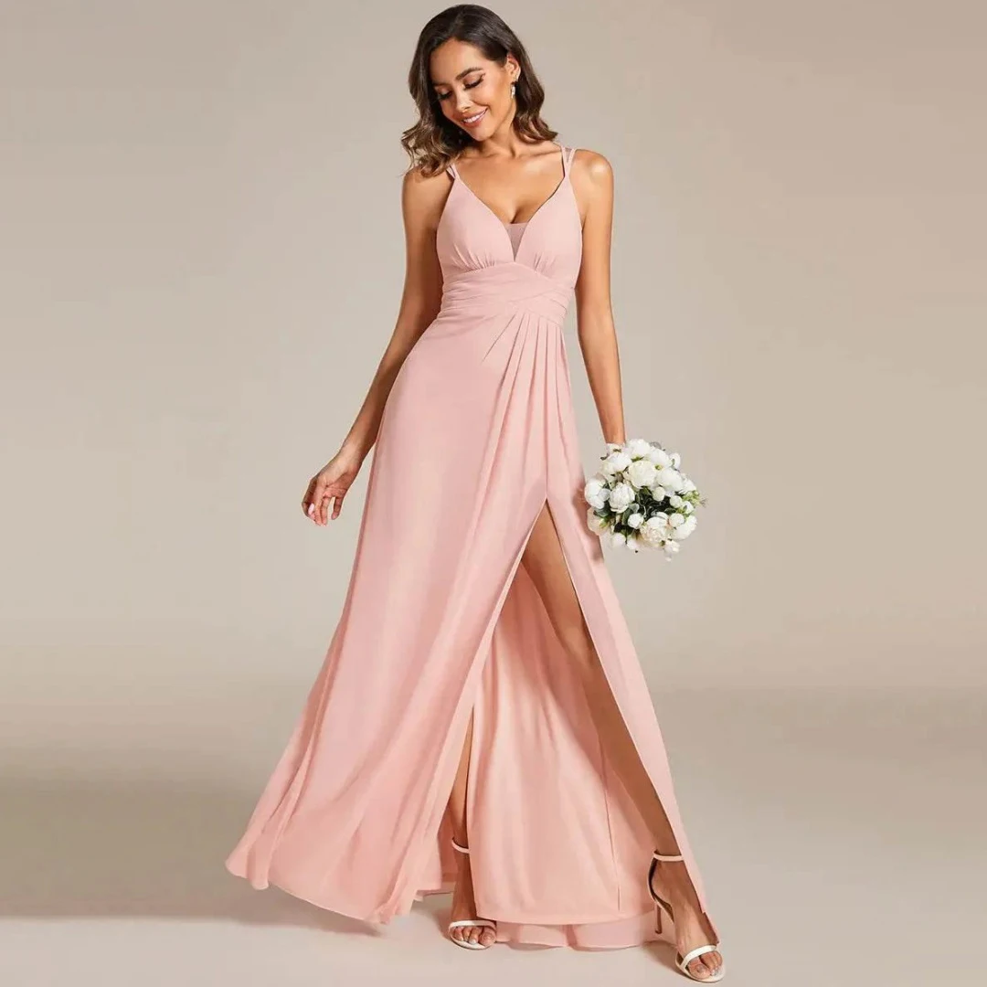 

Modest Pink Spaghetti Straps Bridesmaid Dresses Chiffon V-neck High Slit Simple Prom Dress Wedding Party Women Solid Invite Gown