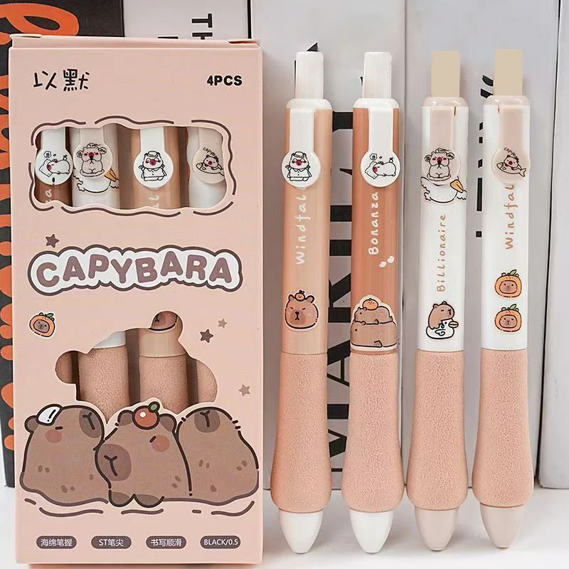 4 Stuks Kawaii Cartoon Capybara Drukken Gel Pen Leuke Mode Neutrale Pennen School Kantoorbenodigdheden Studenten Briefpapier Geschenken