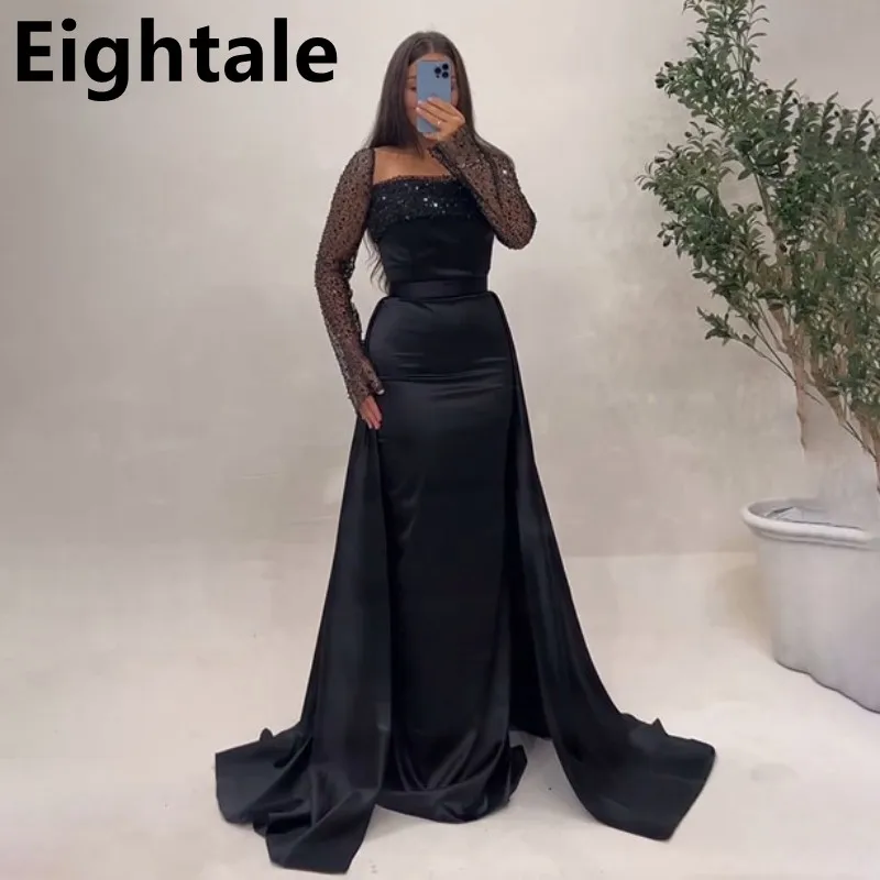 Eightale Customized Black Mermaid Satin Evening Dress Removable Skirt Sequin Long Sleeve Prom Dress Dubai Formal Party Gown