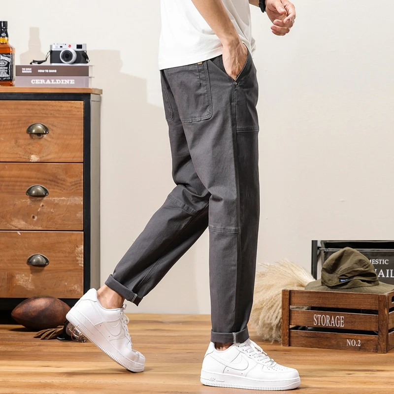 New Men's 97% Cotton Solid Color Overalls Korean Style Elastic Straight Leg Versatile Casual Trousers Brand Clothing Male