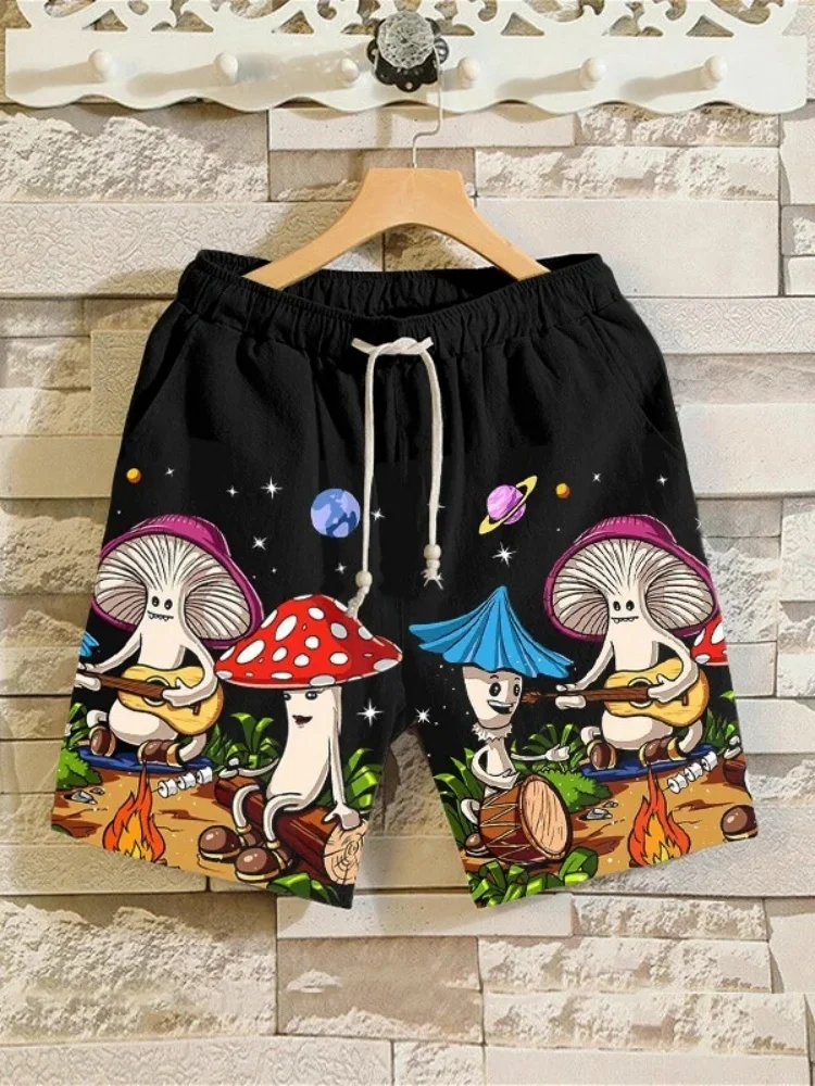 

Men's Hippie Magic Mushrooms Printed Retro Shorts Fashion Summer 2025 Half Lenth Pants Oversized Elastic Waisted Man Bottom