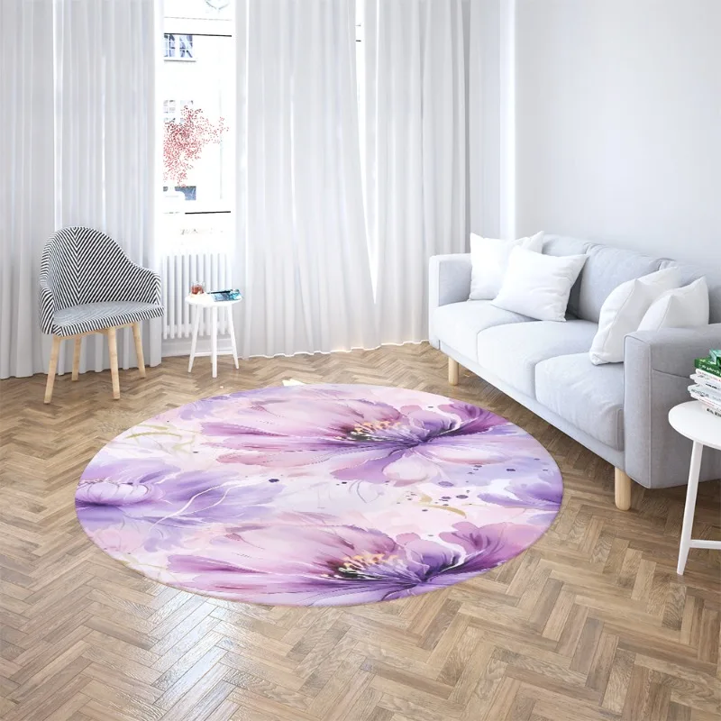 Purple Big Flower Round Rug Soft Anti-slip Floor Mat Pastel Floral Print Carpet For Bedroom Living Room Sofa Side Home Decor Mat