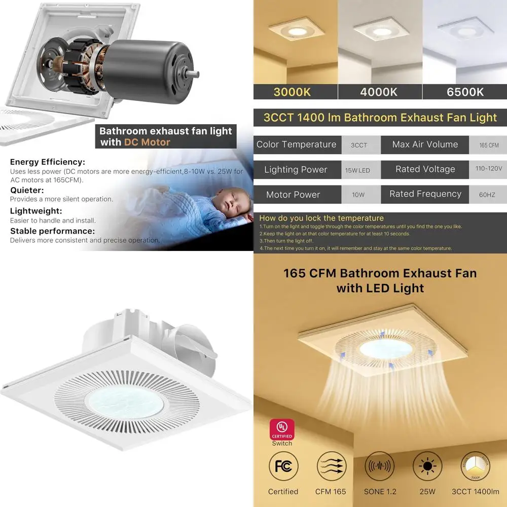 

12 165CM Ceiling Exhaust Fan with 1400lm LED Light, 3CCT, Quiet Operation, Adjustable Light (4000K Pearl White)