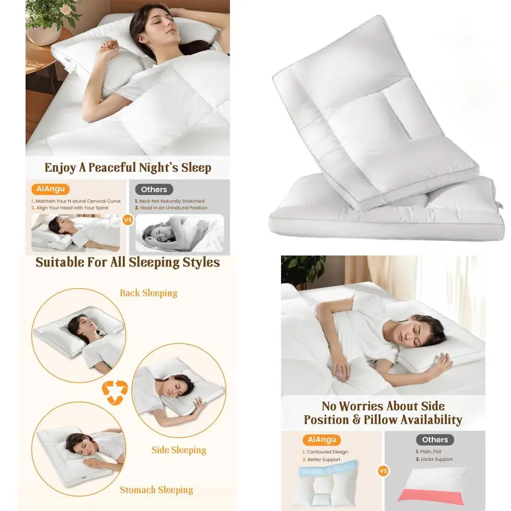 

Pair of Standard Goose Down Pillows for Neck Support and Pain Relief, 1050 Fill Power, 600 Thread Cotton, Suitable for Various S