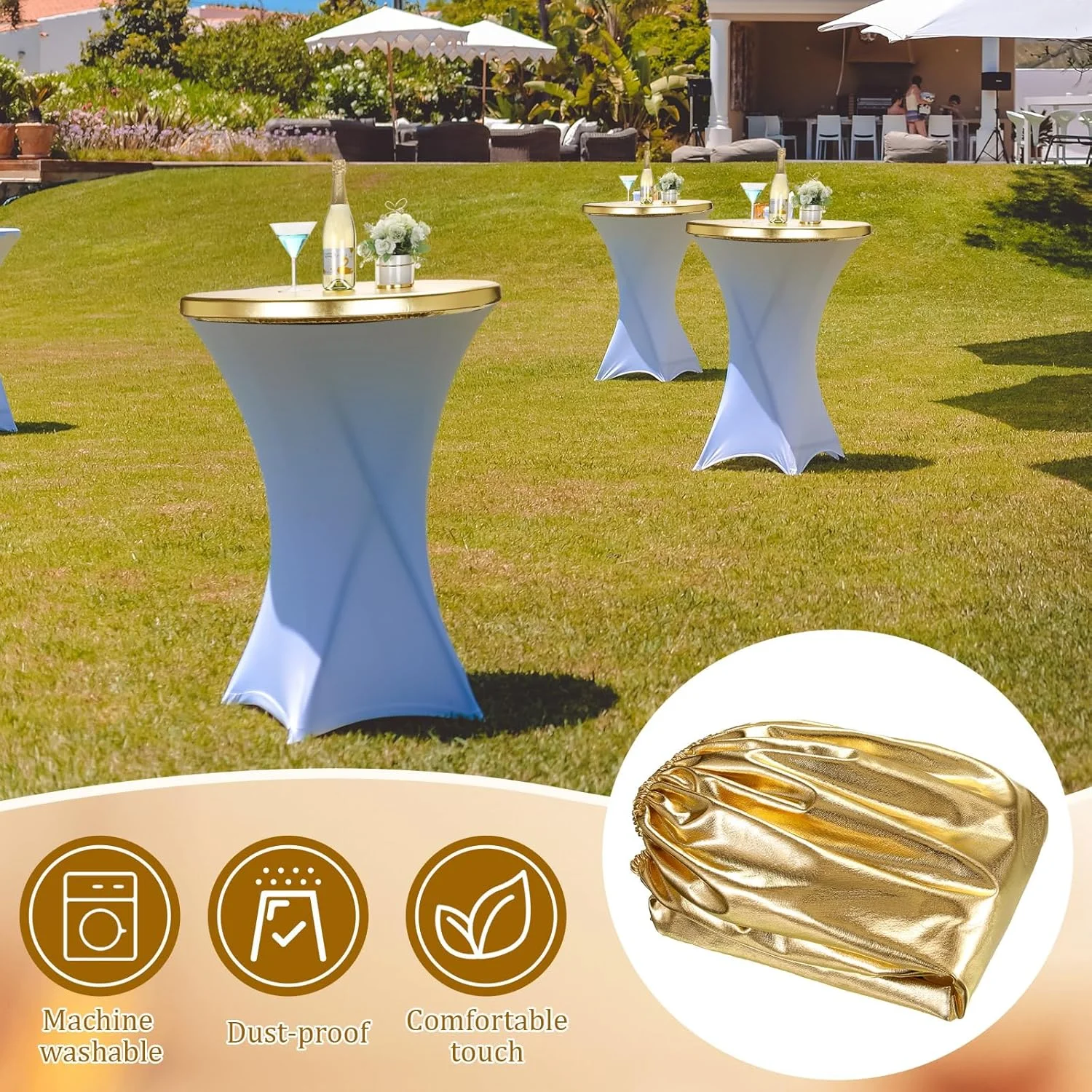 Gold Cocktail Table Topper Cap Stretch Spandex Tablecloth for Round Table Elastic Tablecloth for Bar Pub Wedding Party Banquet 6