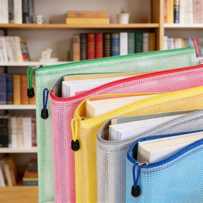 

Multi color zipper mesh bag, plastic zipper bag for organizing office supplies, documents, transparent travel bag