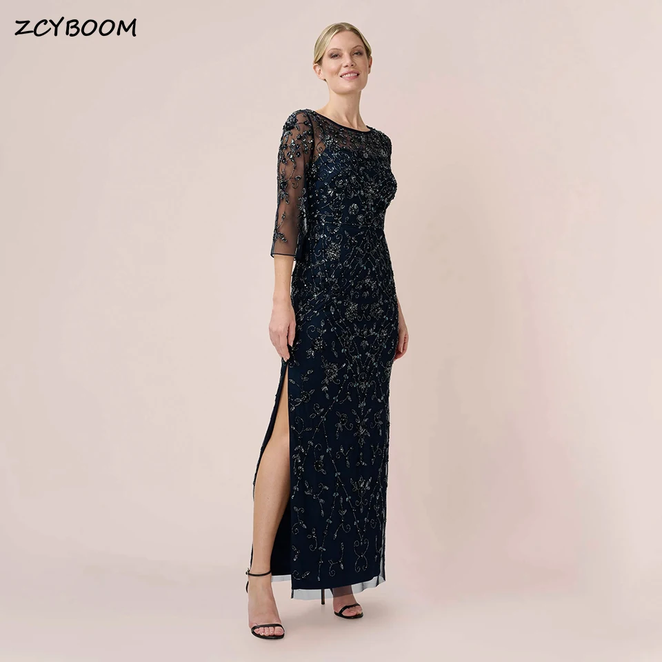 

Elegant Navy Blue Quarter Sleeves Side Slit Mother Of Bride Dress 2023 Lace Appliques Beaded Formal Party Evening Gown For Women