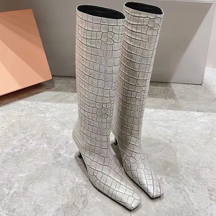 Dedo do pé quadrado retro crocodilo padrão stiletto joelho-botas altas deslizamento-on moda tamanho grande longo botines feminino botas femininas