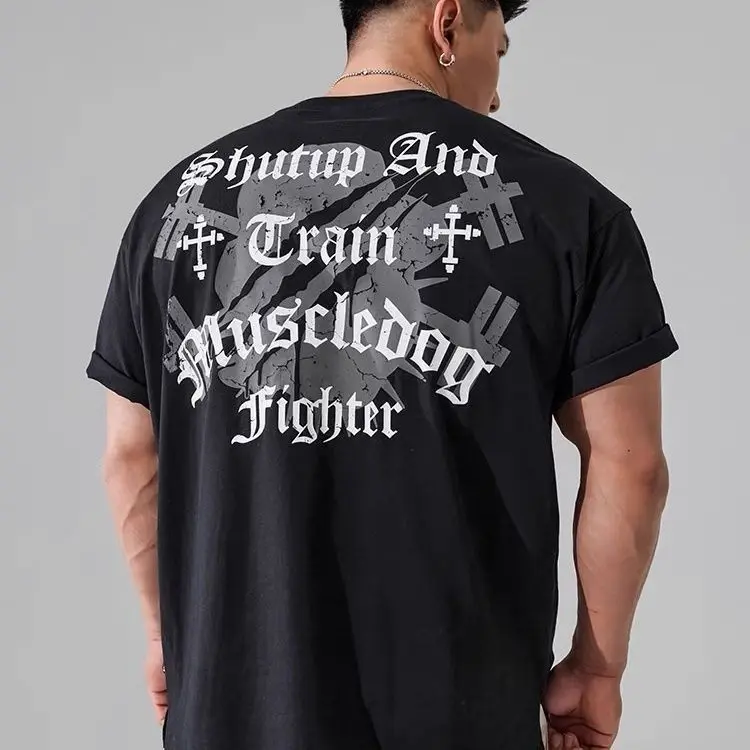 

Muscle Dog Tide Brand Casual T-shirt Men's Summer American Print Crew Neck Short-sleeved Sports Training Clothes