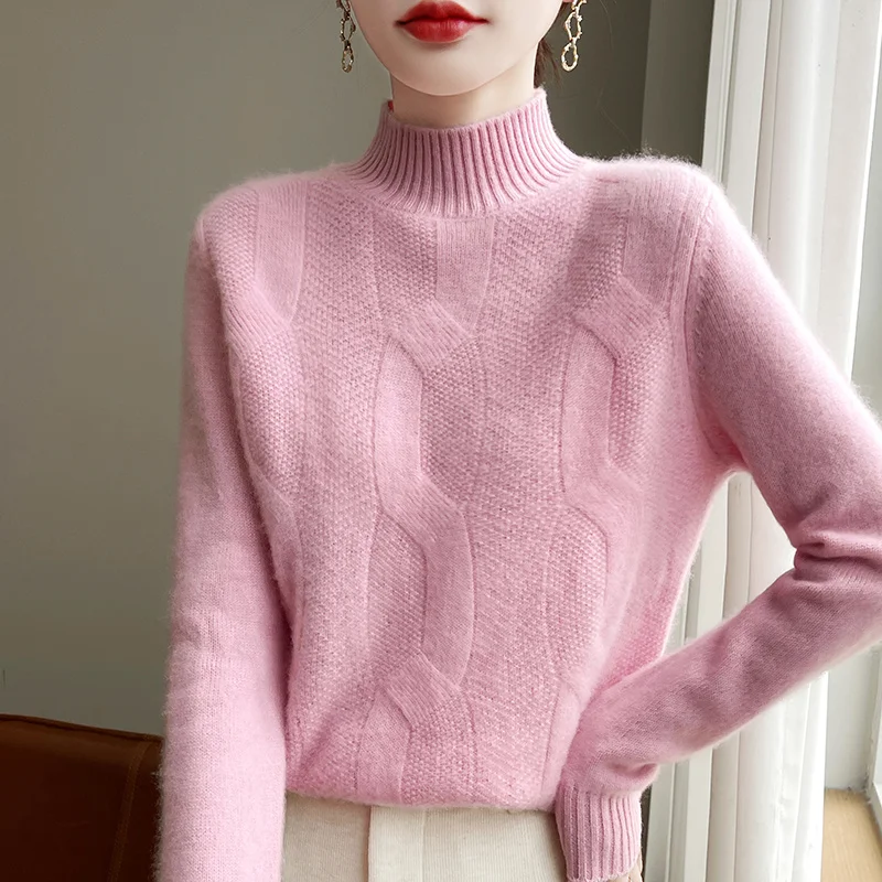 100% Merino Wool Half Turtleneck Pullover Women\'s Autumn and Winter Thick Twist Flower Sweater Korean Fashion Women\'s Wear