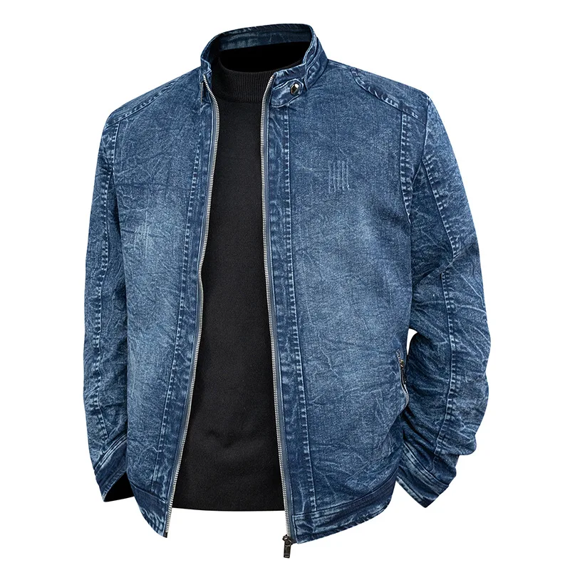 

Spring Man Denim Jacket Stand Collar Long Sleeve Male Outerwear Simple Solid Color Zipper Pocket Casual Versatile Men Coat