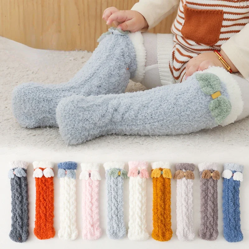 

Winter Thick Cute Bowknot Kids Baby Socks Girl Boy Toddler Infant Soft Coral Velvet Fadeless Knee High Socks Leg Warm 0-8Y