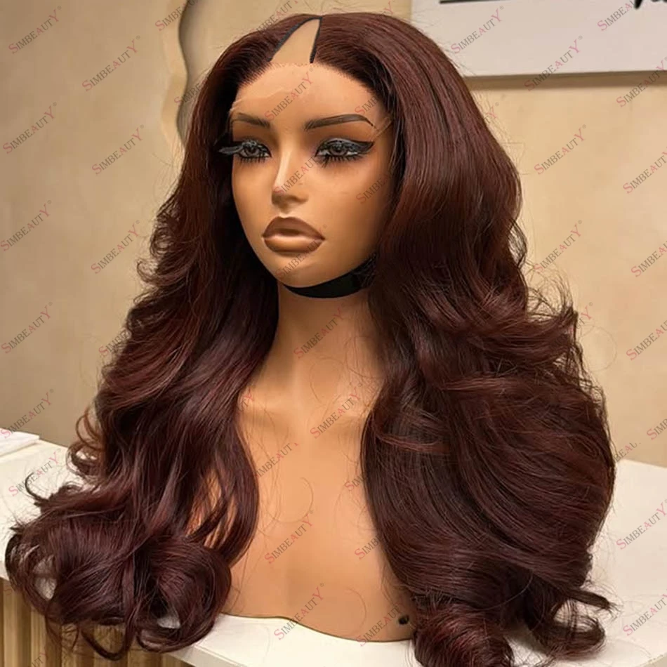 

Dark Auburn Brown 250% Density Human Hair Wigs Machine Made Fully Glueless Remy Malaysia Hair 1x4 V Part Wigs with Clips&Combs