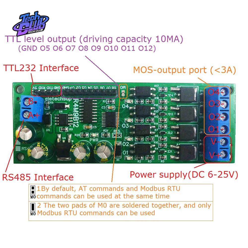 DC 12V 24V RS485 Solid State Relay Module 4CH MOS Transistor and 8CH TTL Level Output Board Modbus Power Supply